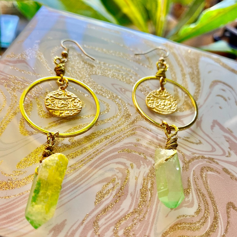 Ancient Aura”- green aura quartz point antique wire wrapped hoop earrings
